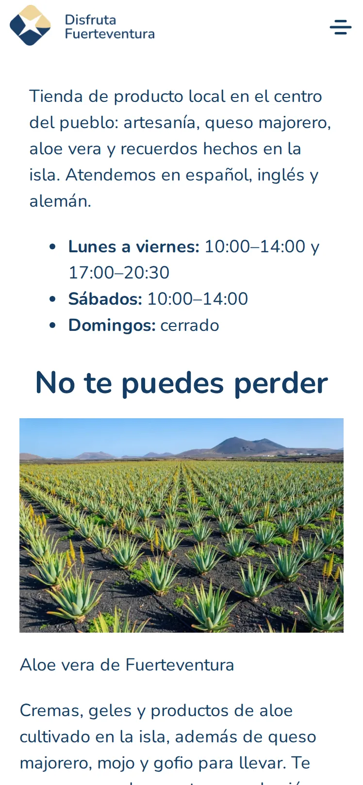 Ficha de ejemplo de un comercio: descripción, horario y producto recomendado
