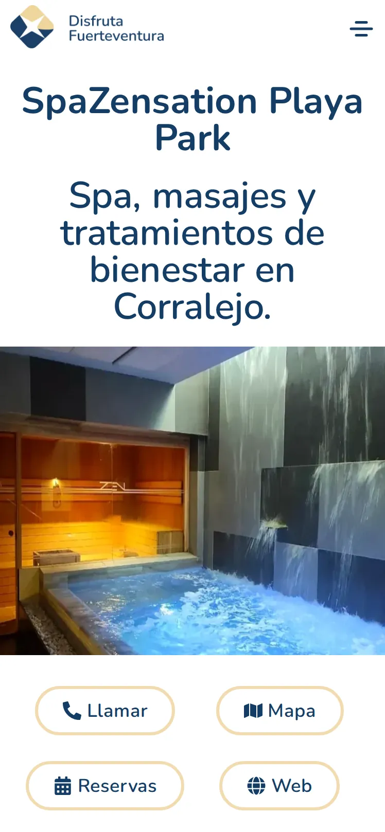 Ficha de SpaZensation Playa Park en la guía, vista en el móvil: foto del spa y botones para llamar, ver el mapa, reservar y la web