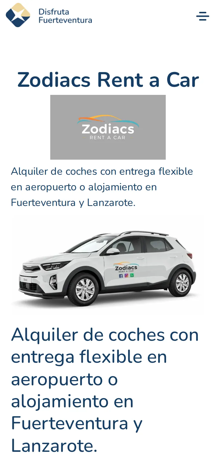 Ficha de Zodiacs Rent a Car en la guía, vista en el móvil: logo, coche y entrega en aeropuerto o alojamiento