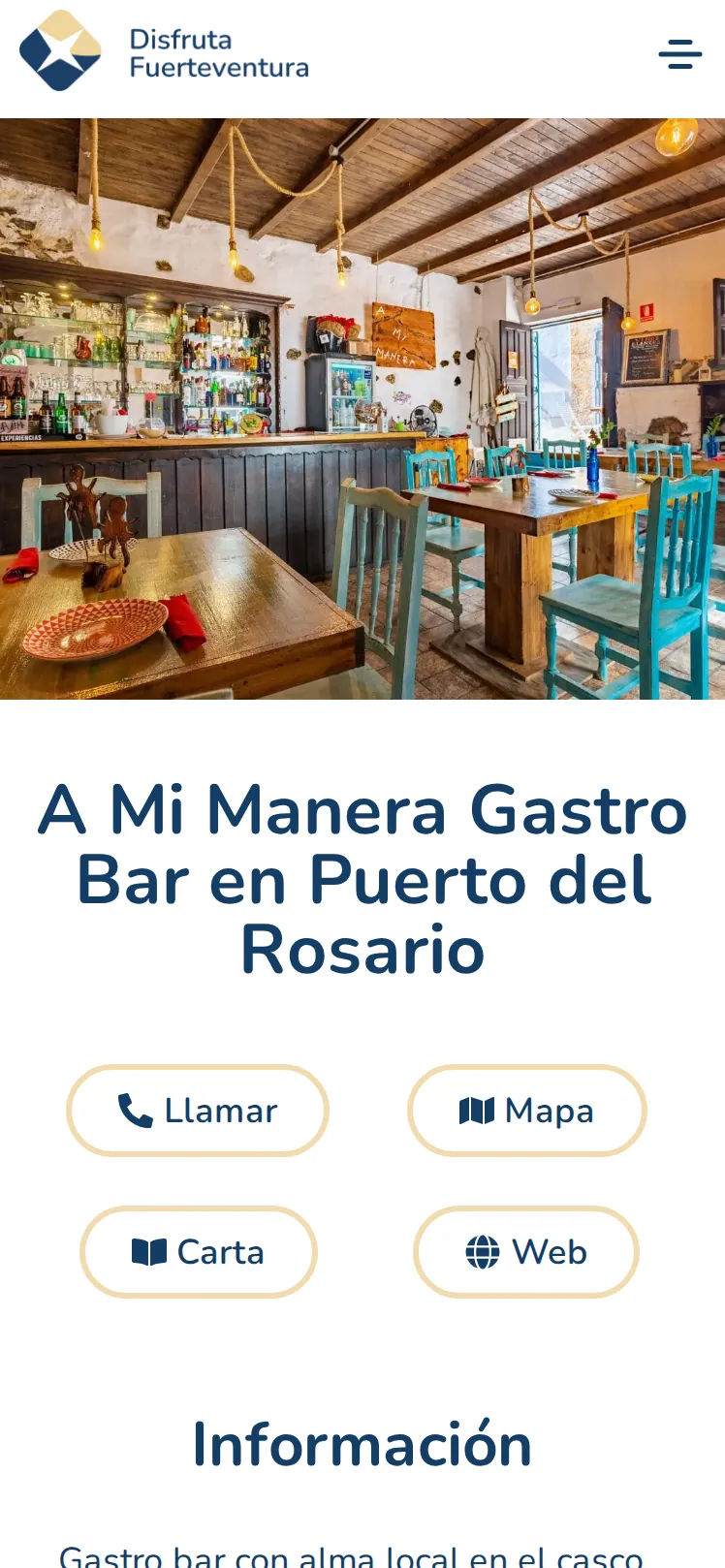 Ficha de A Mi Manera Gastro Bar en la guía, vista en el móvil: foto del local y botones para llamar, ver el mapa, la carta y la web