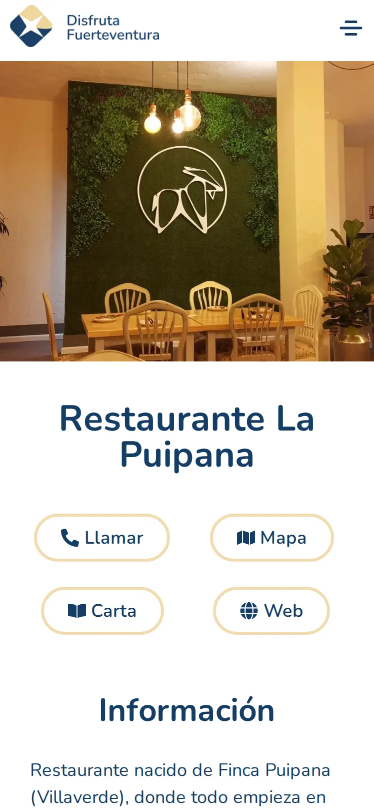 Ficha del Restaurante La Puipana con foto del comedor y botones de contacto