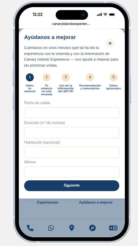 Encuesta para ayudar a mejorar la experiencia del huésped, vista en el móvil