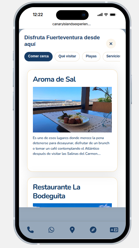 Guía de la isla, sección dónde comer cerca, vista en el móvil del huésped
