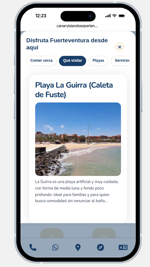 Guía de la isla, sección qué visitar, vista en el móvil del huésped