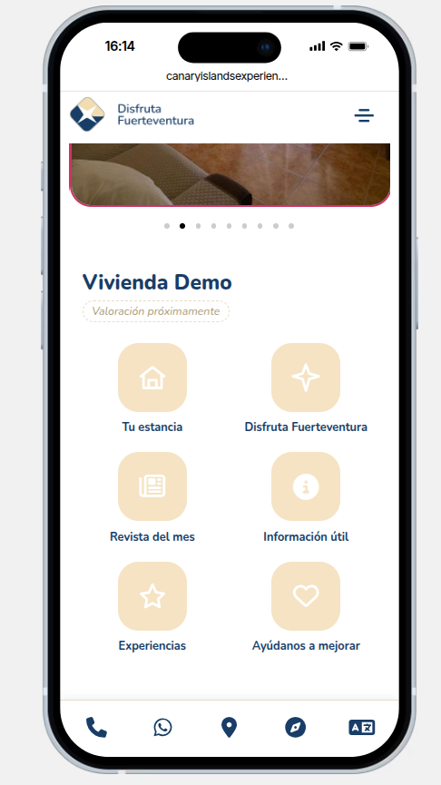 Menú principal de la ficha Vivienda Demo con los 6 accesos para el huésped