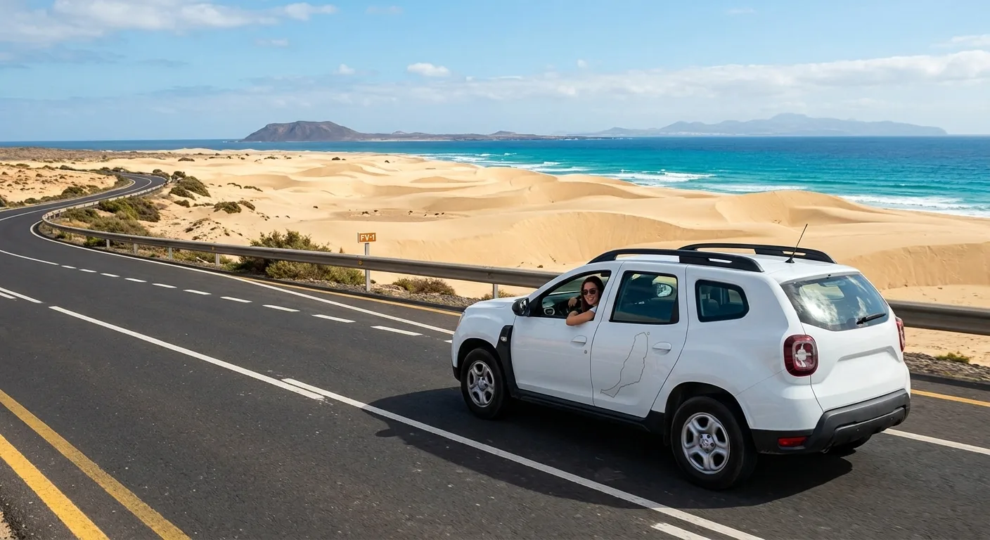 Coche de alquiler conduciendo por la carretera FV-1 frente a las Dunas de Corralejo en Fuerteventura