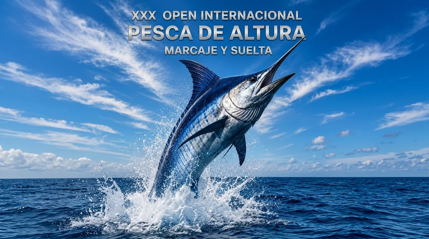 Marlín azul emergiendo del agua en la competición de pesca de altura de Gran Tarajal en Fuerteventura.