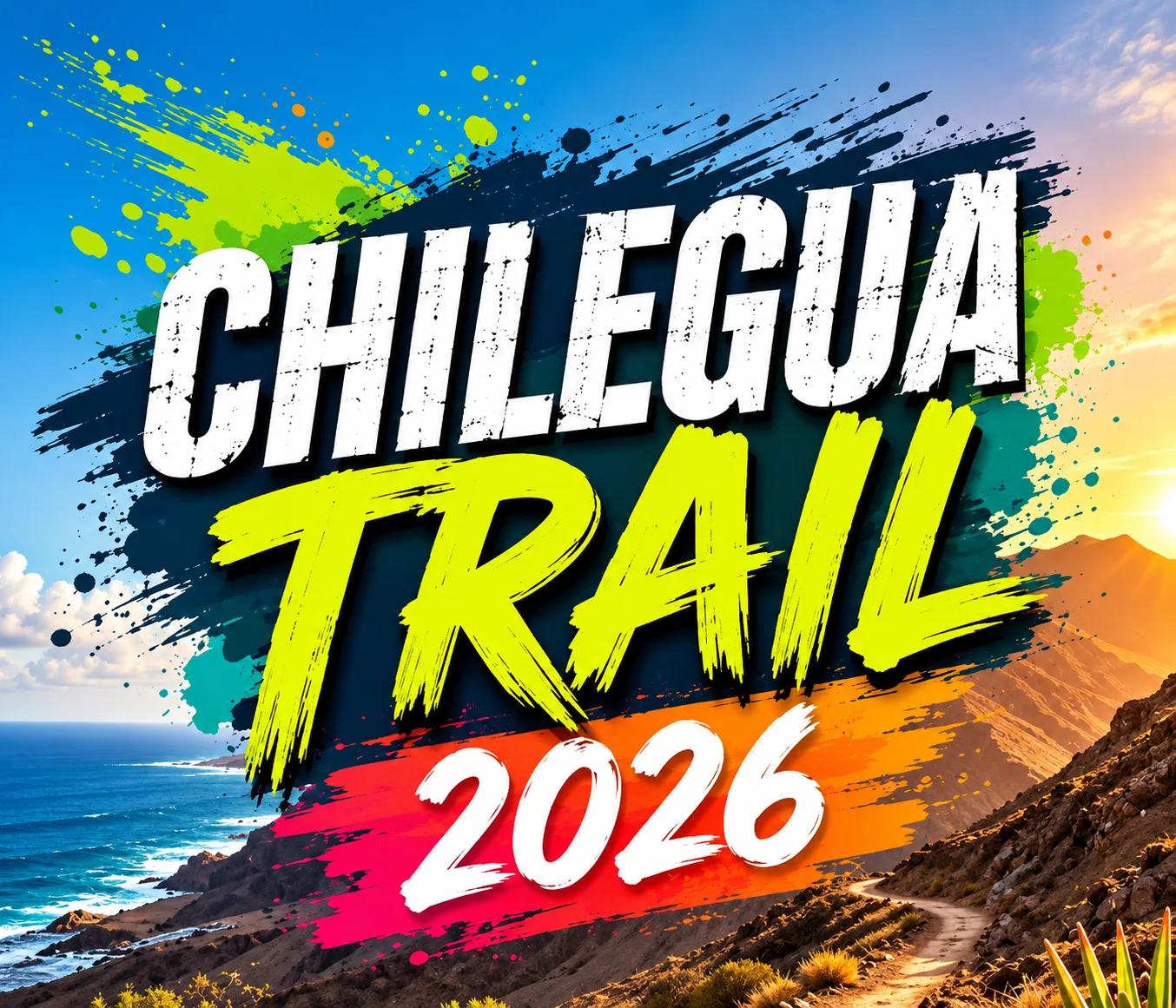 Cartel promocional de la Chilegua Trail 2026 con el paisaje de acantilados y senderos costeros de La Pared en Fuerteventura.