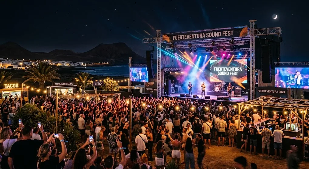 Escenario al aire libre con luces de iluminación nocturna durante un festival de música en Fuerteventura.