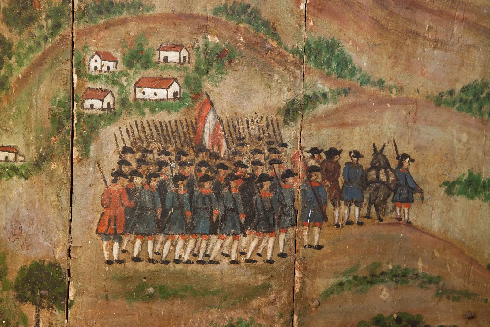 Pintura histórica que representa a la milicia con fusiles y estandartes durante las batallas del siglo XVIII en Fuerteventura.