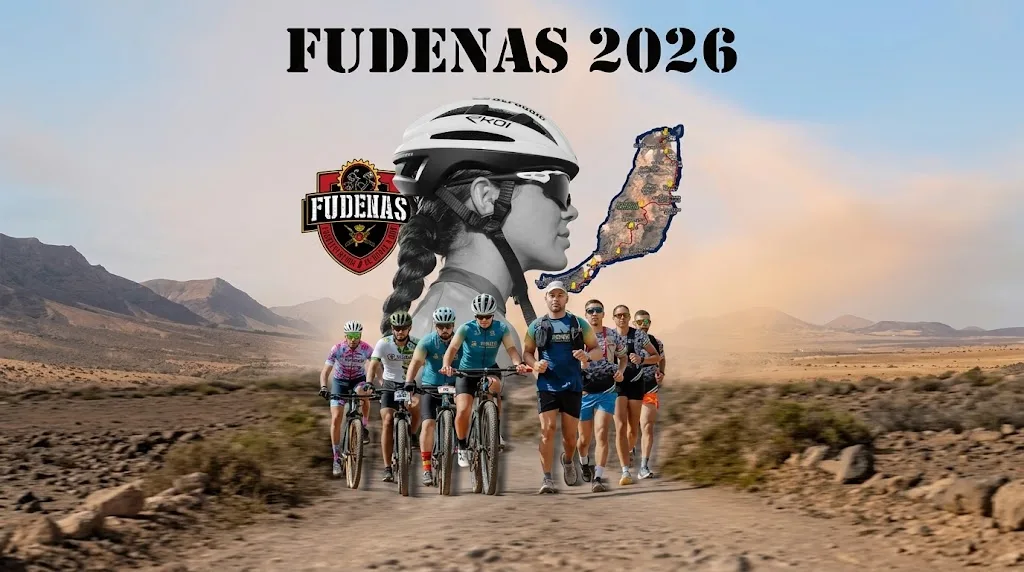 Cartel oficial de FudeNaS 2026 con un grupo de ciclistas y corredores recorriendo un camino de tierra junto al mapa de Fuerteventura.