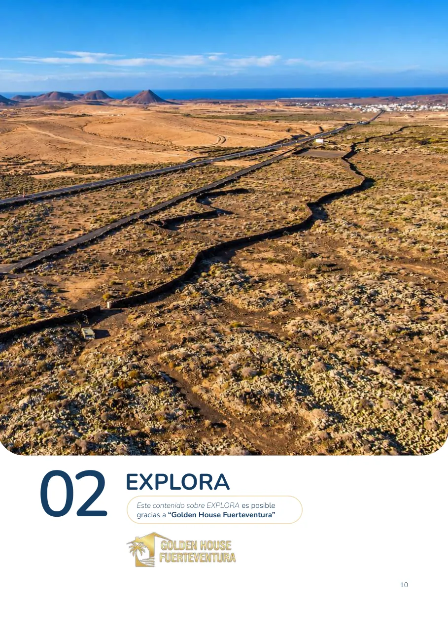 Apertura de la sección Explora con la línea del patrocinador, Golden House Fuerteventura, y su logo