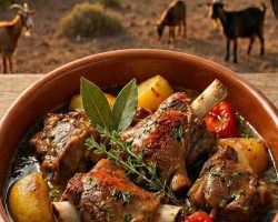 Plato de cabrito majorero guisado con papas y hierbas aromáticas, servido en una cazuela con una copa de vino al lado.