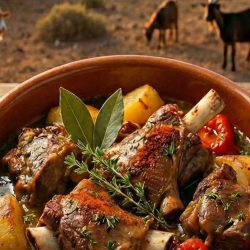 Plato de cabrito majorero guisado con papas y hierbas aromáticas, servido en una cazuela con una copa de vino al lado.