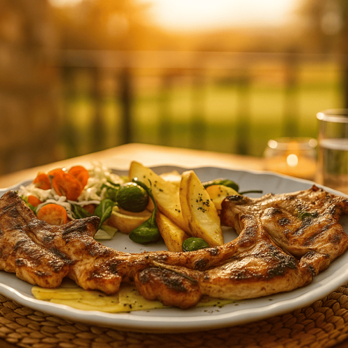 Plato de chuletillas de cordero a la brasa con papas y pimientos en la terraza del Restaurante Algo Más (Caleta de Fuste)