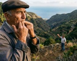 Hombre mayor silbando con los dedos en primer plano, con un barranco verde y el mar al fondo.