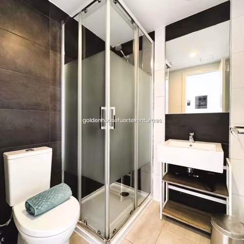 Baño con mampara de ducha de cristal, inodoro blanco y lavabo moderno