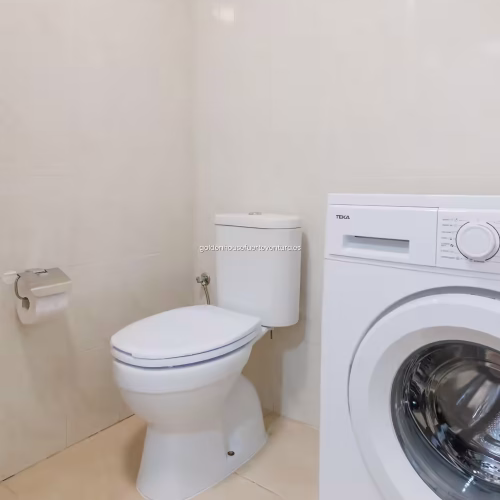 Inodoro de porcelana blanca junto a lavadora de carga frontal marca Teka