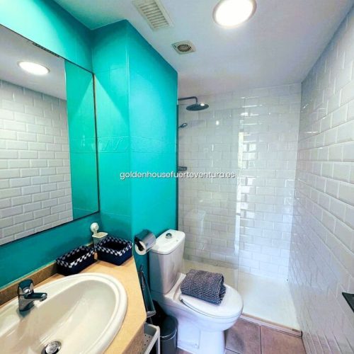 Baño con paredes turquesas, lavabo, inodoro y zona de ducha con azulejos tipo metro blancos.