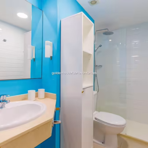 Baño con paredes azules, lavabo encastrado, espejo amplio y ducha con mampara de cristal.