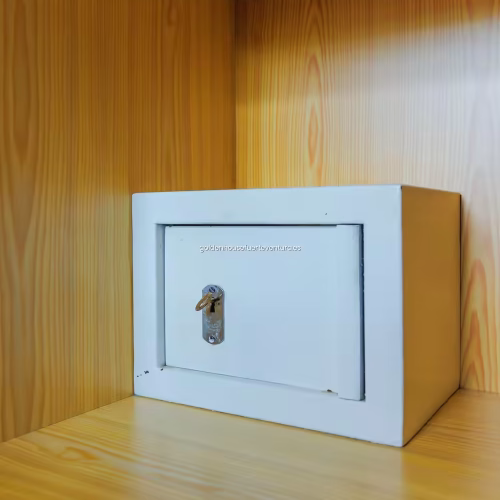 Caja fuerte pequeña de color blanco instalada dentro de un estante de madera.