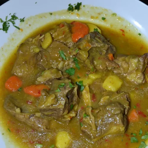 Caldo de carne con verduras servido en Restaurante Don Pepe, Parque Holandés