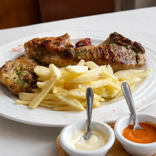 Carne asada con papas fritas y salsas servida en Restaurante El Conejero, Valle de Santa Inés, Fuerteventura