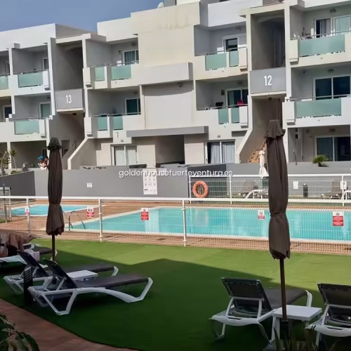 Piscina vallada con césped artificial y tumbonas en complejo Corralejo Sun Fuerteventura.