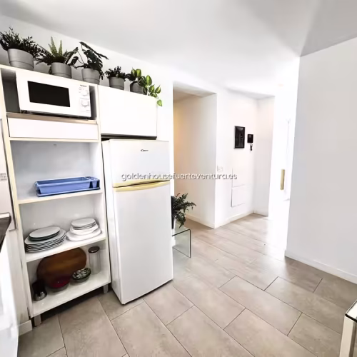 Pasillo de entrada junto a zona de cocina con nevera blanca y estanterías