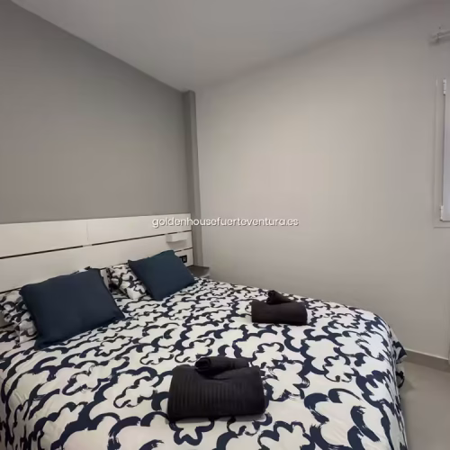 Habitación con cama doble, edredón de patrones azules y pared gris.