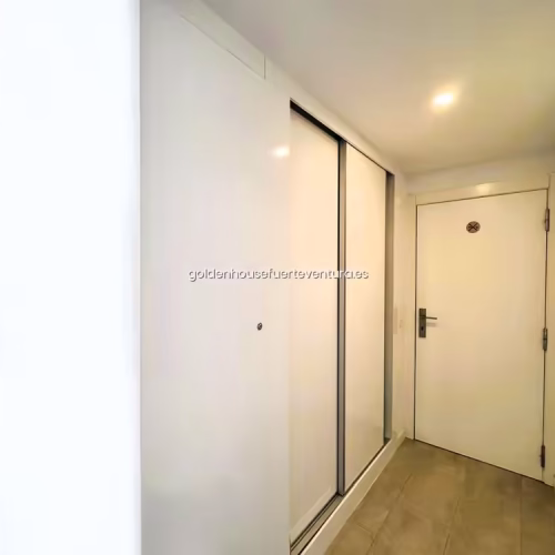Pasillo de entrada blanco con suelo de gres y acceso a armarios empotrados.