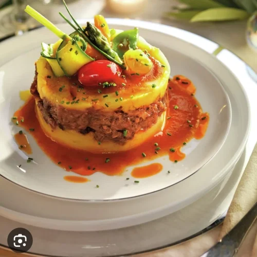Filete con puré de papa, verduras grilladas y salsa servido en Restaurante Don Pepe, Parque Holandés