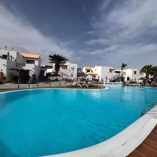 Vista panorámica de la piscina del complejo con palmeras y zonas de descanso.