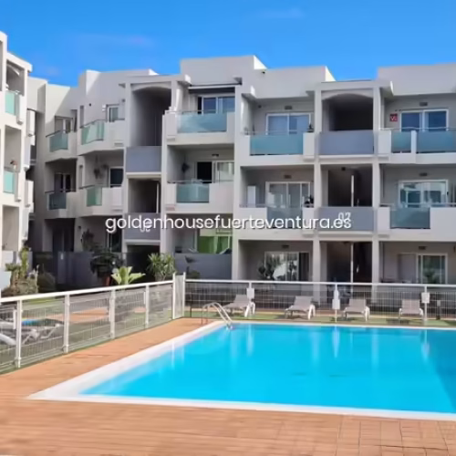Vistas de la piscina desde el nivel del suelo con salvavidas y edificios blancos.