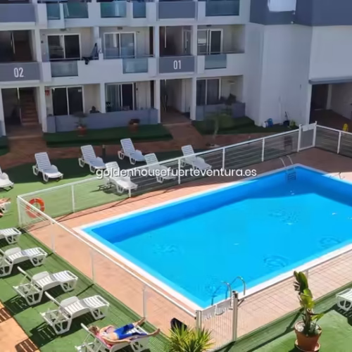 Piscina azul rodeada de hamacas blancas y césped artificial en Fuerteventura.
