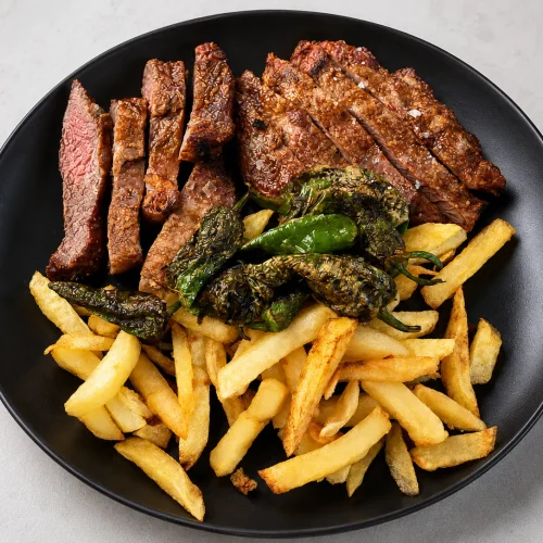 Plato de carne con pimientos y papas fritas del Restaurante Brisas Do Mar en Puerto del Rosario, Fuerteventura