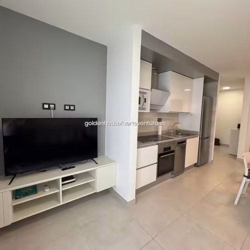 Salón con televisión, mueble blanco y cocina equipada al fondo.