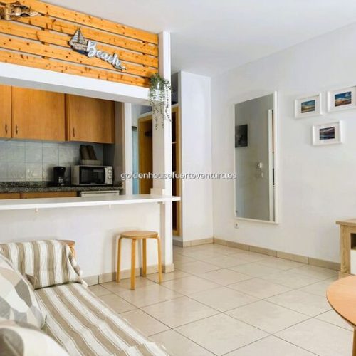 Salón comedor con muebles de madera, televisión, espejo de cuerpo entero y cocina al fondo.