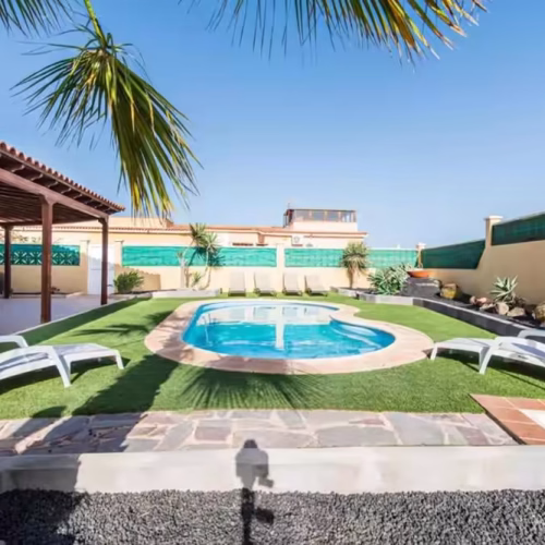 Piscina rodeada de césped artificial con hamacas blancas y palmeras bajo un cielo despejado.